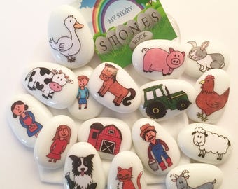Farm, Story Stones, Animals, Story, Down on the Farm, Farmer, Tractor, Pretend Play, Imaginative Play, Educational, Story Telling, Farmyard