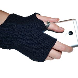Warm mittens Navy blue mittens Hand made fingerless Wool mitts  Winter gloves Crochet fingerless gloves Arms warmers Gift for her