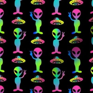 May include: A seamless pattern featuring colorful, rainbow-hued alien figures with peace signs on a black background. The aliens are wearing spaceships as hats.