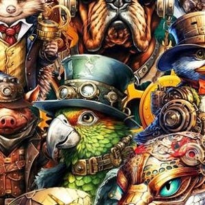 May include: A vibrant, detailed illustration featuring a collection of anthropomorphic animals in steampunk attire. The image showcases a parrot, pig, dog, and other creatures adorned with goggles, top hats, and mechanical accessories. The color palette includes rich browns, golds, and greens.