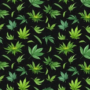 May include: A seamless pattern of green cannabis leaves on a black background. The leaves are arranged in a random pattern and are of varying sizes.