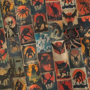 May include: A collection of vintage-style art prints featuring various cryptids and mythical creatures. Each print showcases a different monster, with a red sun or moon in the background. The color palette includes shades of red, orange, black, and beige.