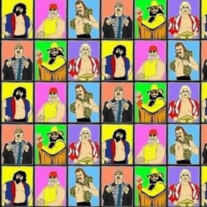 May include: A digital collage of a wrestler with a mustache and long hair wearing different outfits. The wrestler is shown in a variety of poses, including standing, sitting, and pointing. The background is a grid of colorful squares.