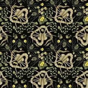 May include: A black background with a repeating pattern of beige alien-like creatures, yellow flowers, and green leaves.
