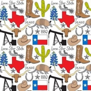 May include: A seamless pattern featuring various symbols of Texas, including the state outline, a lone star, cowboy boots, a cactus, bluebonnets, an armadillo, a cowboy hat, a horseshoe, an oil derrick, a longhorn steer, and the Texas flag. The text "Lone Star State" and "Texas" appears multiple times.