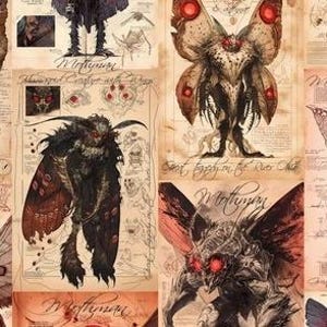 May include: A collage of illustrations featuring the Mothman, a cryptid with a humanoid form and large moth-like wings. The images are in shades of brown, red, and black, with detailed drawings and handwritten text on aged paper.