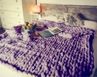 Extra Large Chunky Knit Blanket. Merino Wool Blanket. Oversize Knit Bedspread. Tick Wool. Christmas gift.  Wedding gift. Housewarming gift.