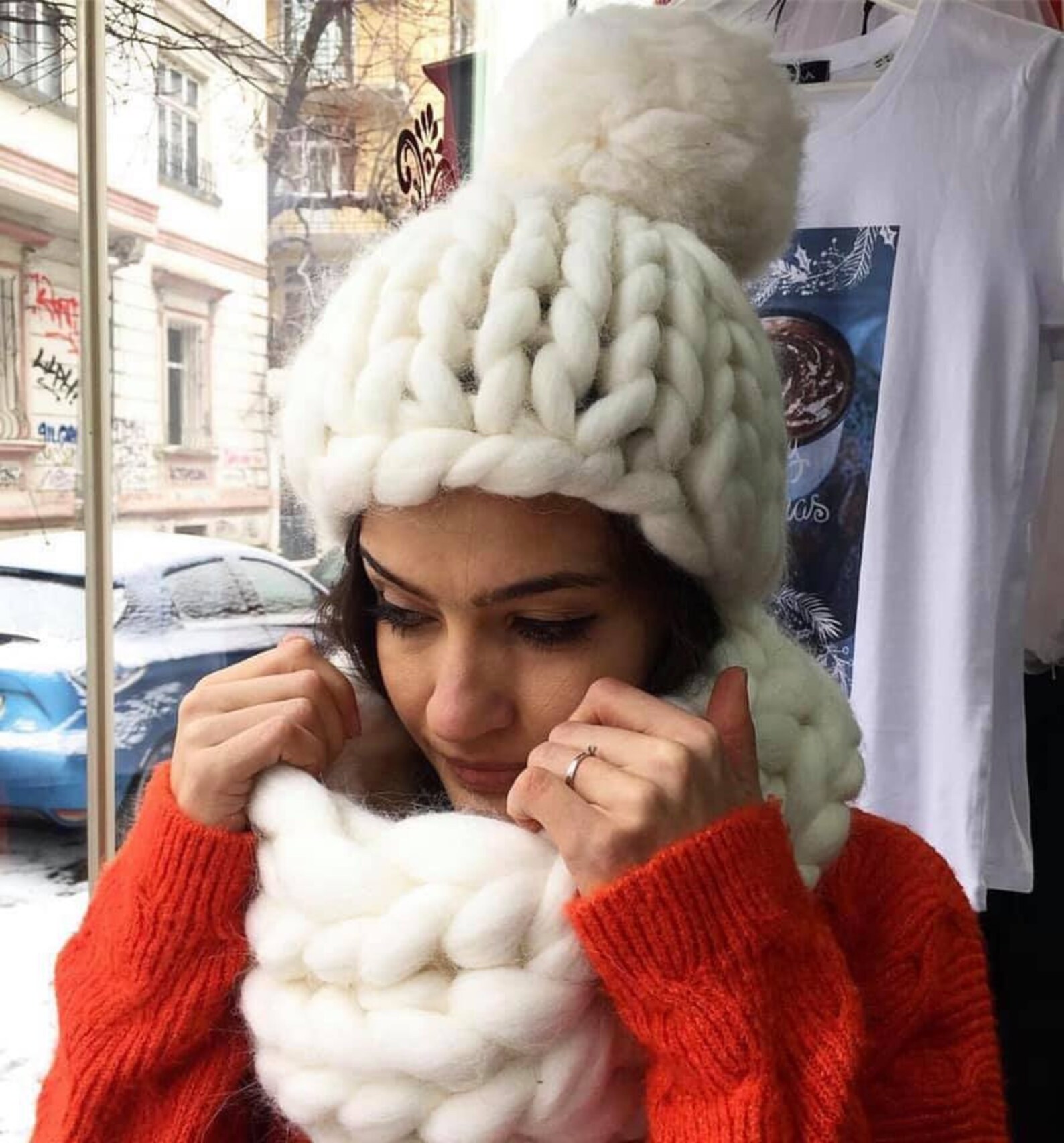 Oversize Knit Scarf Hat Set Tick Wool Pompom Hat Chunky Merino Snood ...