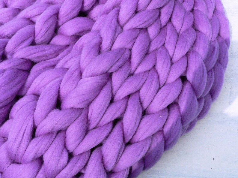 Chunky Blanket Arm Knit. Purple Giant Merino Blanket. Bulky Knit Throw