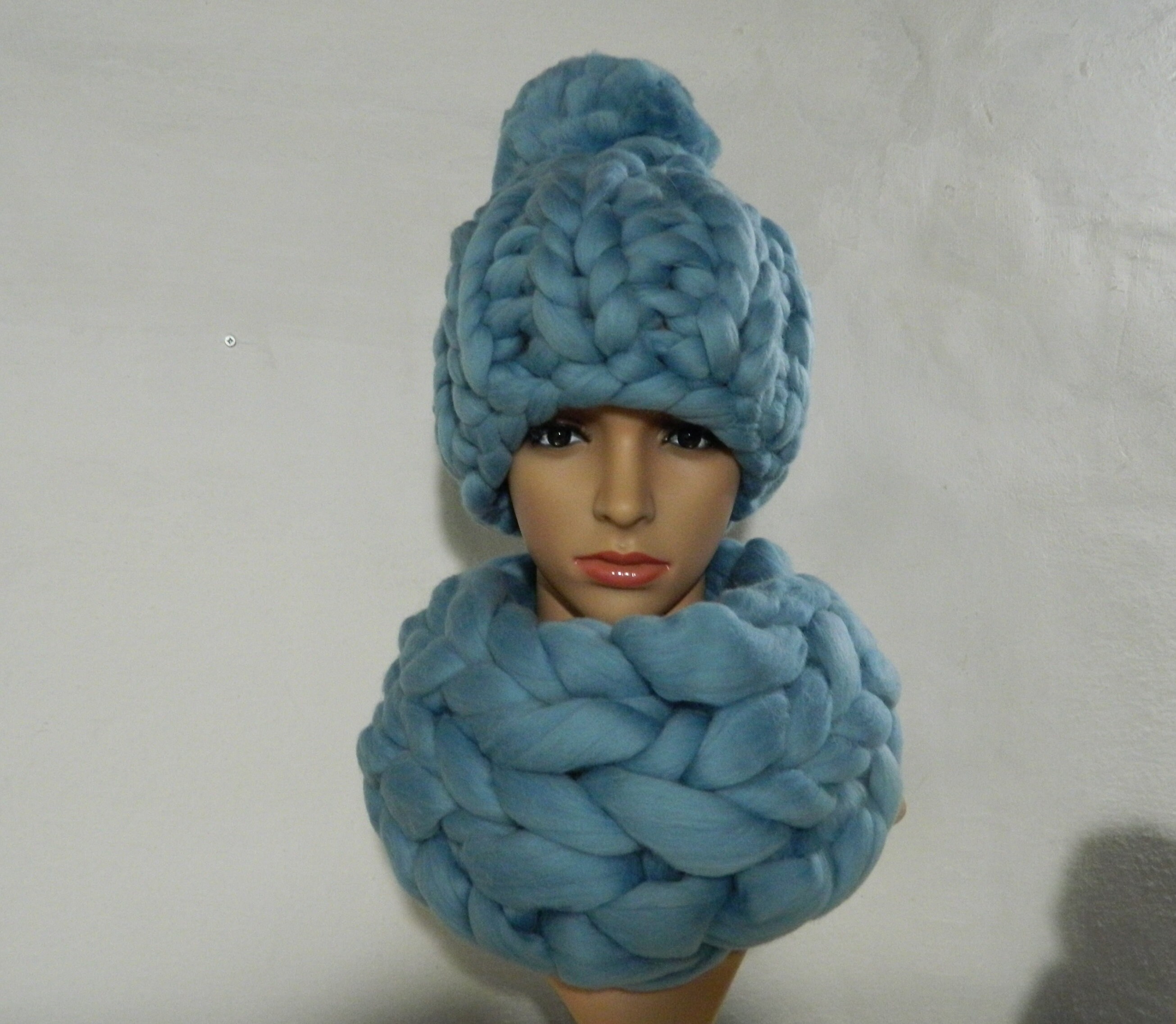 Oversize Knit Scarf Hat Set Tick Wool Pompom Hat Chunky Merino Snood ...