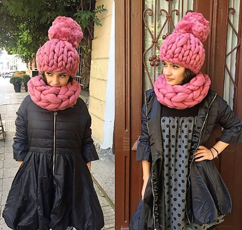 Oversize Knit Scarf Hat Set Tick Wool Pompom Hat Chunky Merino Snood ...