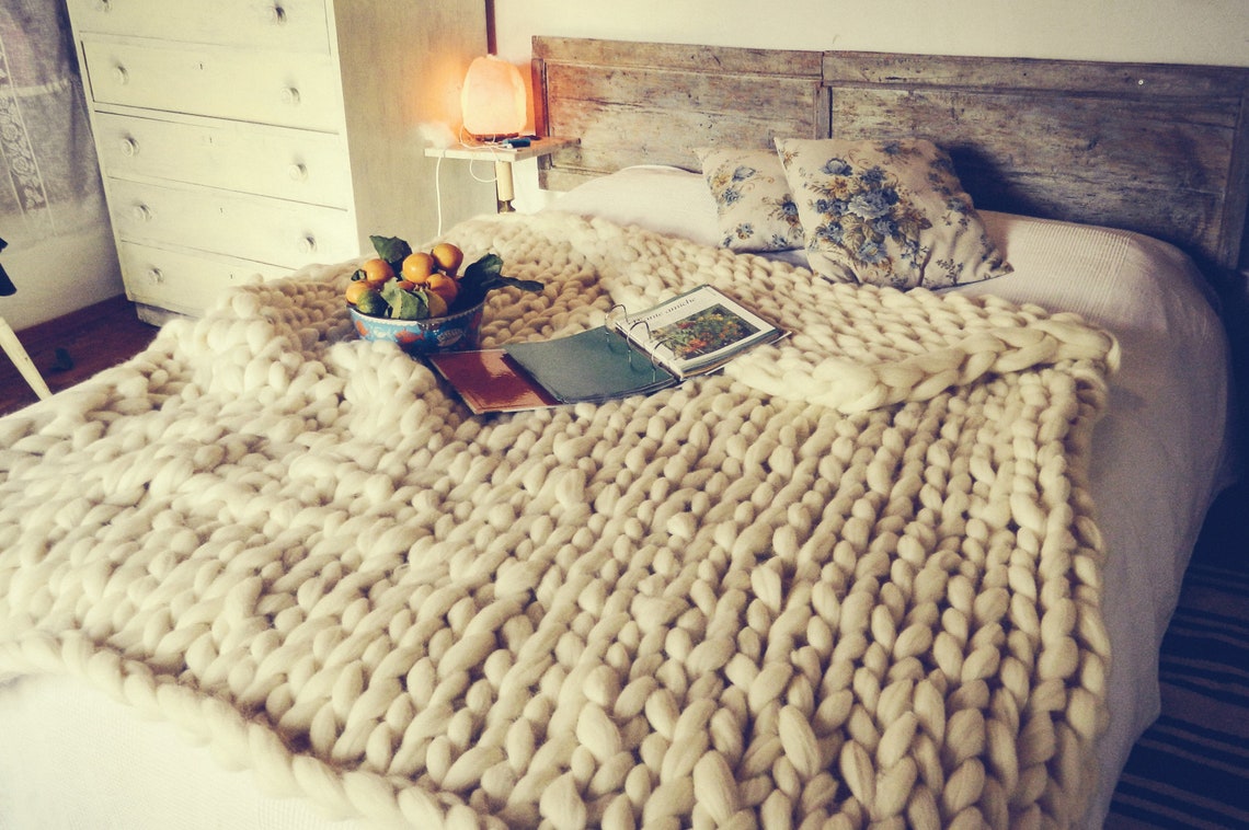 Blue Chunky Knit Blanket. Arm Knitted Throw. Tick Wool Giant Etsy