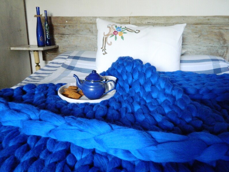Blue Chunky Knit Blanket. Arm Knitted Throw. Tick Wool Giant Etsy