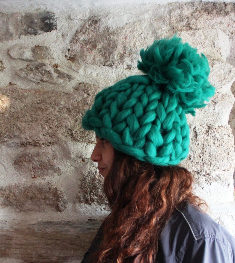 Chunky Green Hat Winter Hat Pom Pom Women Oversize Hat Thick Etsy