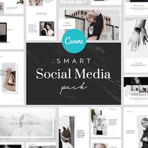 May include: A collection of social media templates with a black and white marble background. The templates feature images of people, products, and text. The text includes "SMART Social Media pack", "TRENDS", "ONLINE MARKET", "NEW COLLECTION", "SEASON OFFER", "YOUR REAL FEELING", "HARMONY", "INFLUENCE", and "-70%".