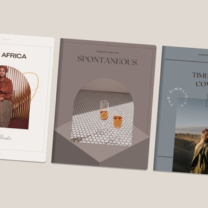 May include: Three magazine covers with different designs. The first cover features a woman in a brown jacket and a leopard print skirt. The second cover features two champagne glasses on a tiled surface. The third cover features a person in a green jacket looking up at the sky.