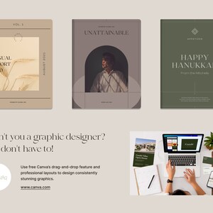 May include: Three different cover designs for publications. The first is a beige cover with the text "Annual Report 2020" and "August 2021". The second is a gray cover with the text "Unattainable". The third is a green cover with the text "Happy Hanukkah" and "From the Mitchells".