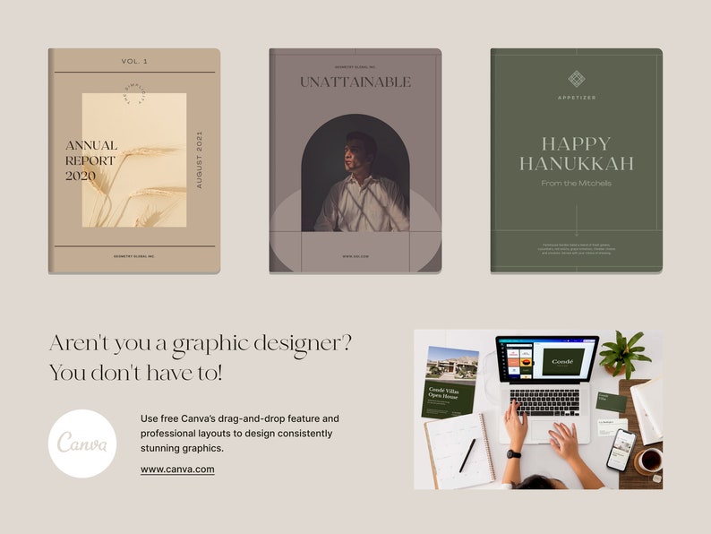May include: Three different cover designs for publications. The first is a beige cover with the text "Annual Report 2020" and "August 2021". The second is a gray cover with the text "Unattainable". The third is a green cover with the text "Happy Hanukkah" and "From the Mitchells".