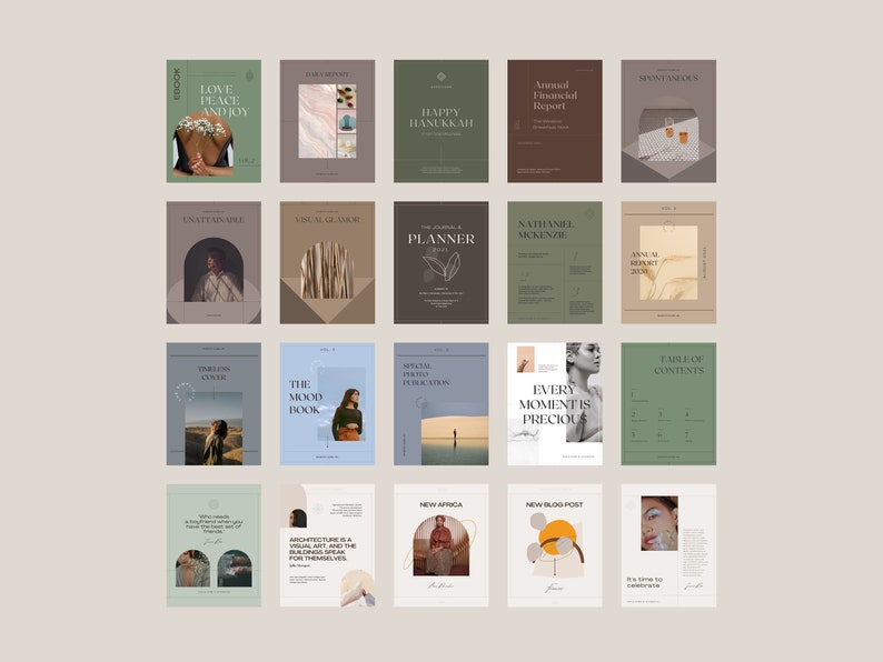 May include: A collection of 18 magazine covers with various designs and color schemes. The covers feature images of people, landscapes, and abstract patterns. Some of the covers include text such as "Love, Peace, and Joy", "Happy Hanukkah", "The Mood Book", and "Every Moment is Precious".