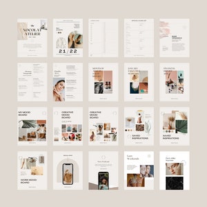 May include: A set of printable planner pages with a minimalist aesthetic. The pages include sections for monthly and daily planning, as well as mood boards and inspiration pages. The pages are designed in a neutral color palette with a focus on organization and productivity.