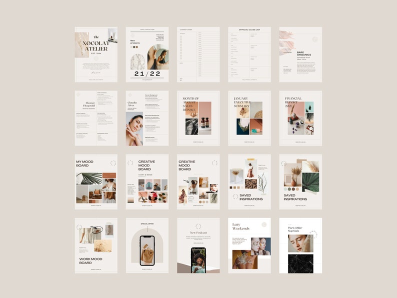 May include: A set of printable planner pages with a minimalist aesthetic. The pages include sections for monthly and daily planning, as well as mood boards and inspiration pages. The pages are designed in a neutral color palette with a focus on organization and productivity.