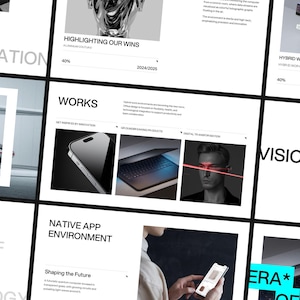 Puede incluir: Una presentación de diapositivas con el título "Inspiration" y una imagen en blanco y negro de un automóvil. Otras diapositivas incluyen los títulos "Works", "Native App Environment", "Hybrid Work Environments", "Vision of" y "Era* of".