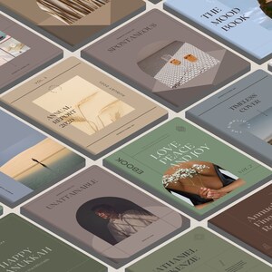 May include: A collection of book covers with various designs and titles, including "Annual Report 2020", "Love Peace and Joy", "The Mood Book", "Timeless Cover", "Unattainable", "Happy Hanukkah", "Spontaneous", and "Annual Financial Report".