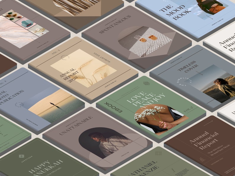 May include: A collection of book covers with various designs and titles, including "Annual Report 2020", "Love Peace and Joy", "The Mood Book", "Timeless Cover", "Unattainable", "Happy Hanukkah", "Spontaneous", and "Annual Financial Report".