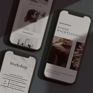 May include: Three smartphone mockups displaying different website designs. The first phone shows a website with the text "Join Us". The second phone shows a website with the text "Store Highlights". The third phone shows a website with the text "Workshop" and "Fashion Design".