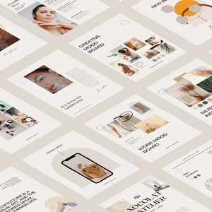May include: A collection of mood boards with various themes, including creative, work, and saved inspirations. The boards feature images of nature, fashion, and abstract designs. The text on the boards includes "Creative Mood Board", "Work Mood Board", and "Saved Inspirations".
