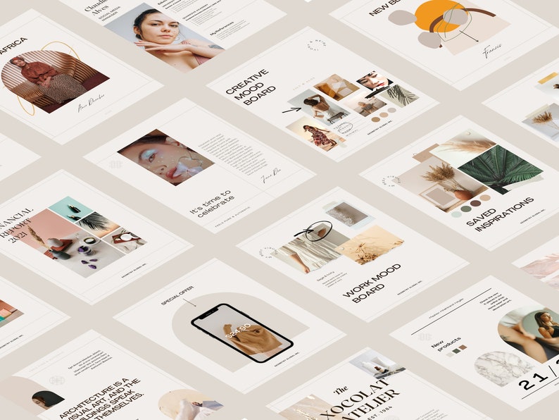 May include: A collection of mood boards with various themes, including creative, work, and saved inspirations. The boards feature images of nature, fashion, and abstract designs. The text on the boards includes "Creative Mood Board", "Work Mood Board", and "Saved Inspirations".