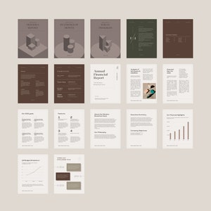 May include: A set of 10 minimalist business report templates with a brown and white color scheme. The templates feature geometric shapes and simple text layouts. The text includes titles such as "Monthly Report", "Quarterly Report", and "Annual Financial Report".