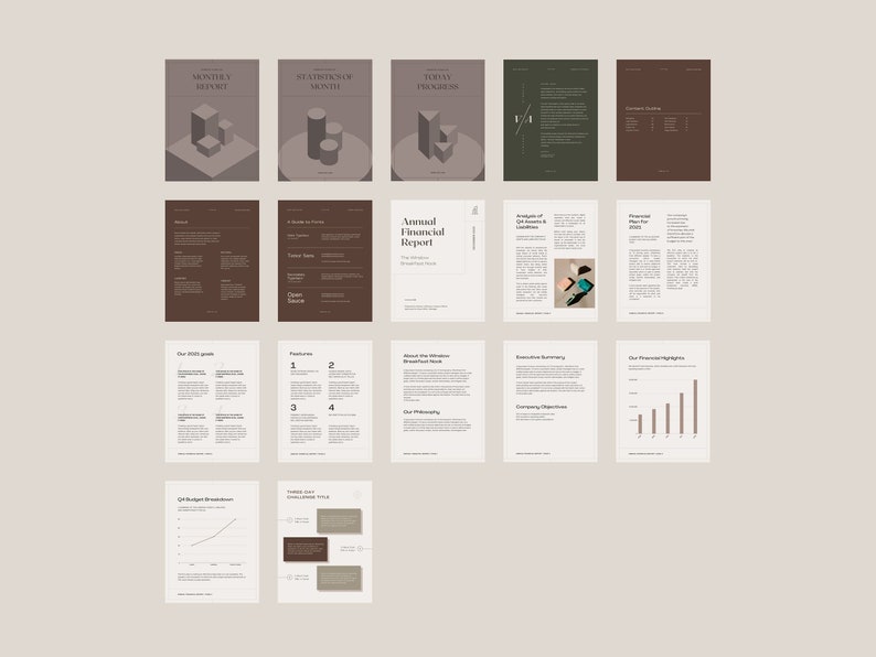 May include: A set of 10 minimalist business report templates with a brown and white color scheme. The templates feature geometric shapes and simple text layouts. The text includes titles such as "Monthly Report", "Quarterly Report", and "Annual Financial Report".