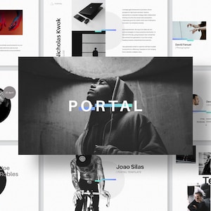 Op de afbeelding: Een zwart-witte presentatietemplate met het woord "PORTAL" in blauwe en witte tekst. De template bevat afbeeldingen van mensen en een teamgalerij.