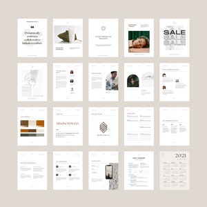 May include: A collection of 16 pages of a brand guide with a minimalist design. The pages include a color palette, logo, typography, and other branding elements. The brand name is "Hellaington Co."