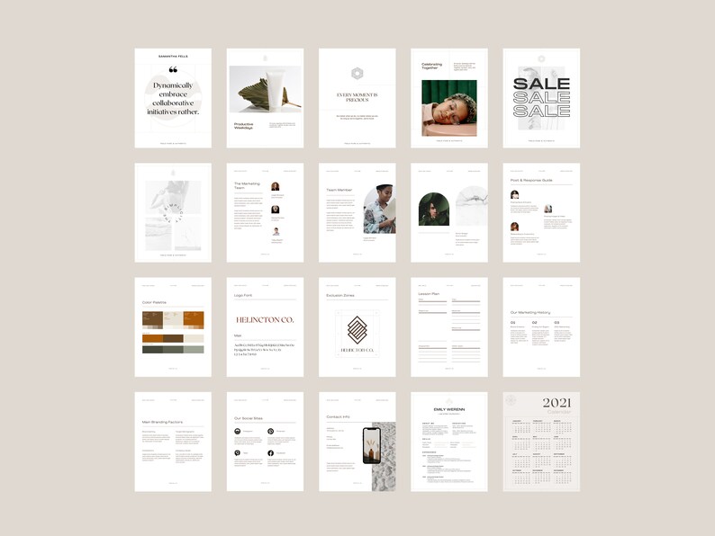 May include: A collection of 16 pages of a brand guide with a minimalist design. The pages include a color palette, logo, typography, and other branding elements. The brand name is "Hellaington Co."