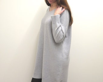 Long grey Knit Cashmere Merino wool dress tunic with long sleeves and V neck, knitted sweater, woolen jumper dress, grey maxi dress sweater