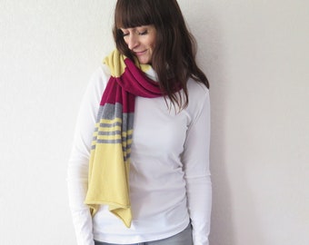 cashmere pashmina knit big scarf, Christmas gift ideas, cashmere wrap yellow grey bourdeaux, striped cashmere blend scarf, cashmere throw