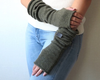 Green Cashmere  Fingerless Gloves, Arm Warmer for Women, Long Wool Knit Gloves, Corset wrist warmer, Fingerless glove type cashmere