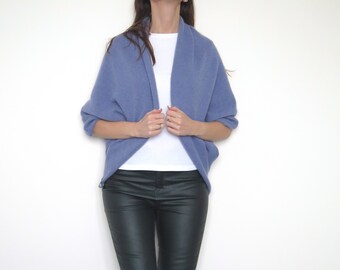 Knit open front cashmere merino wool cocoon cardigan, fine knit blue cocoon sweater, wedding bolero cardigan, woman cashmere plus size