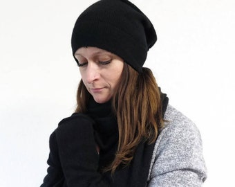 Schwarz Kaschmir Merino Wolle Mütze, Beanie für Frauen und Männer, gestrickte Winter Wolle slouchy Mütze, unisex Mütze, Merino Wolle Stulpe
