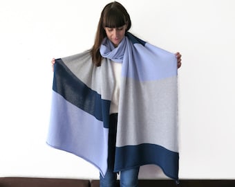 Merino wool winter big travel wrap shawl, oversized cashmere wrap, light grey blue stripped scarf, knit wedding bridal wrap, winter wedding