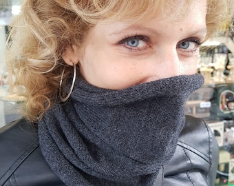 Knit Cashmere Snood Infinity Scarf, Ladies winter cowl, Wool Black Grey snood, Christmas gift idea, Neck Face Mask for Woman & Man