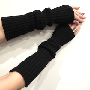 Black Grey Long Cashmere Merino Wool Wrist Warmers, knit cashmere fingerless gloves without hole for thumb, half finger gloves, hand warmers
