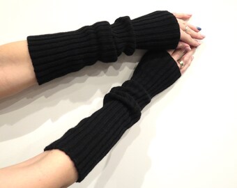 Black Grey Long Cashmere Merino Wool Wrist Warmers, knit cashmere fingerless gloves without hole for thumb, half finger gloves, hand warmers