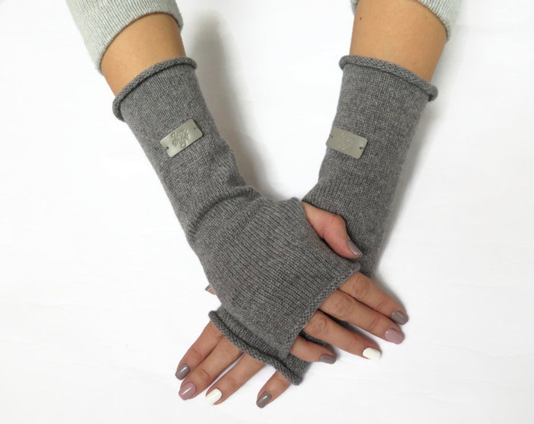 Grey Cashmere Arm Warmers, Merino Wool Half Finger Gloves, Knit