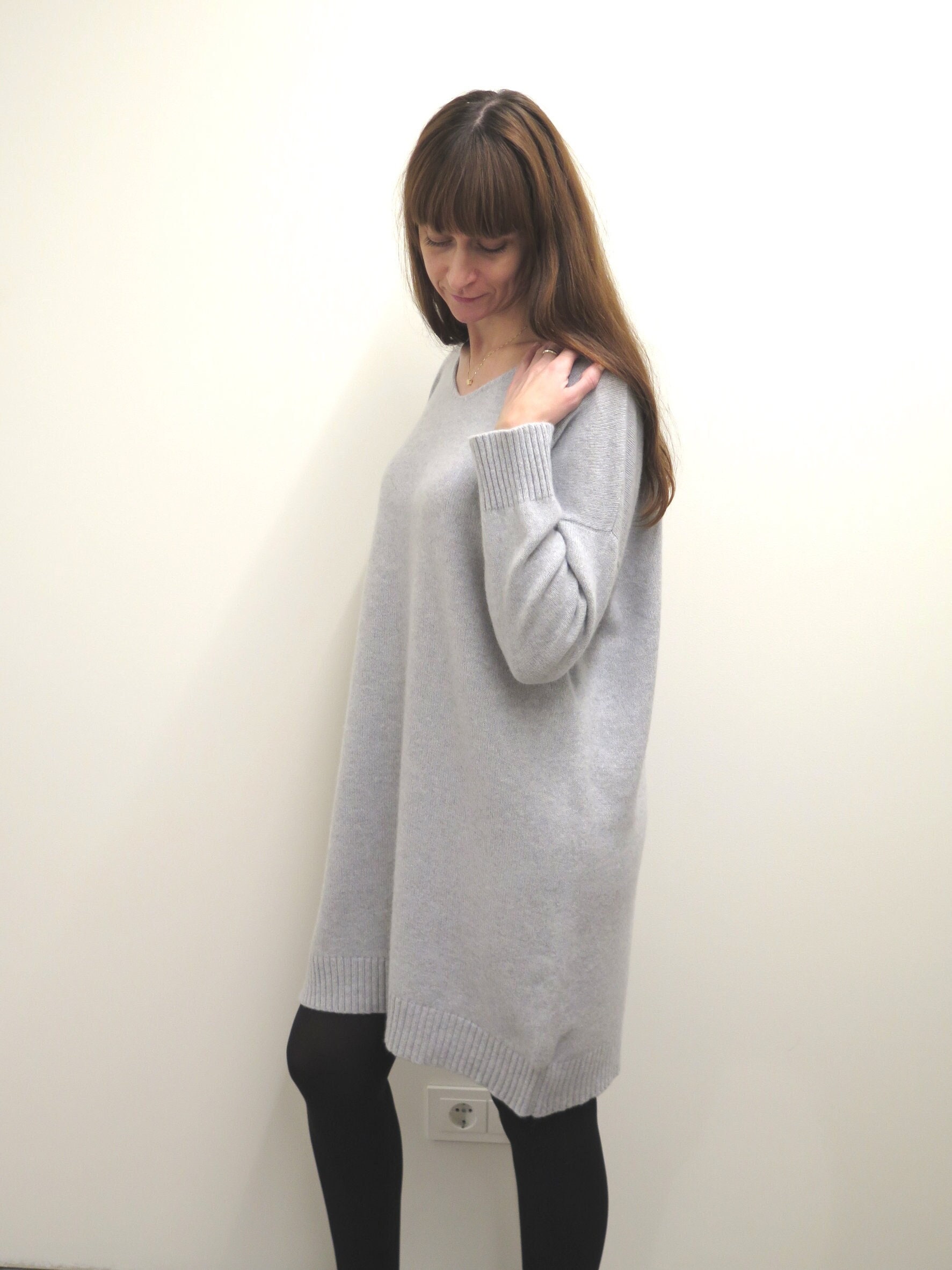 grey sweater dress with leggings Long Knit Cashmere Merino Wool Tunic Long Sleeves and V Neck, Knitted Sweater, Woolen Jumper Dress, Grey Maxi Dress use:Wedding