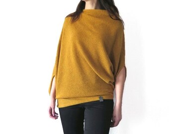 Women's mustard yellow sweater, chunky oversized sweater, knit cashmere ponchos and capes, wool cardigan, summer dress cover, loose knit