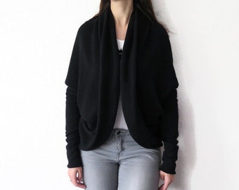 knit women cocoon shrug, cashmere sweater women, Cashmere and merino knitted cardigan, Long black cashmere cardigan, Open front cardigan