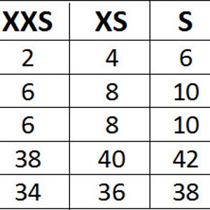 May include: Size guide chart for clothing with measurements in US/Canada, UK Europe, Australia, Italy/Spain, and France.